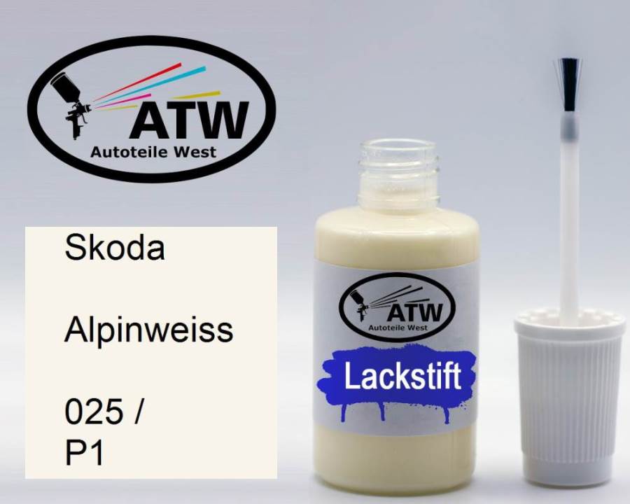 Skoda, Alpinweiss, 025 / P1: 20ml Lackstift, von ATW Autoteile West.